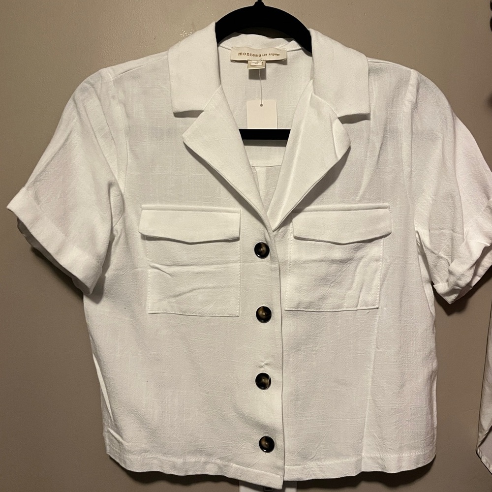 Monteau Los Angeles White Short Sleeve Linen Blend Button-Up Shirt Womens Medium